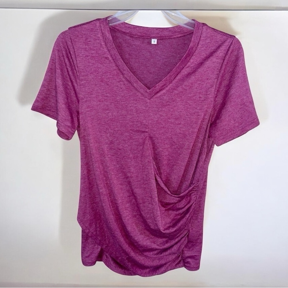 Burgundy Ruched Side V-Neck Tee Short Sleeve Stretch Top Size Small Basic Shirt - Picture 1 of 7